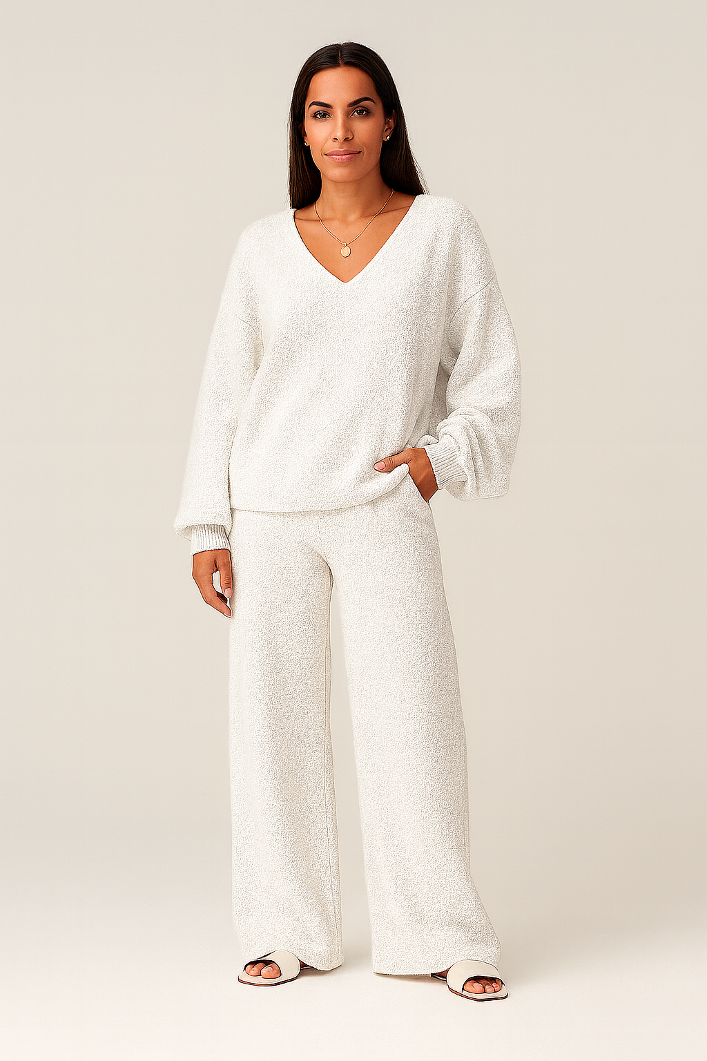 Women Matching Set – V-Neck Lounge Style, Warm & Elegant