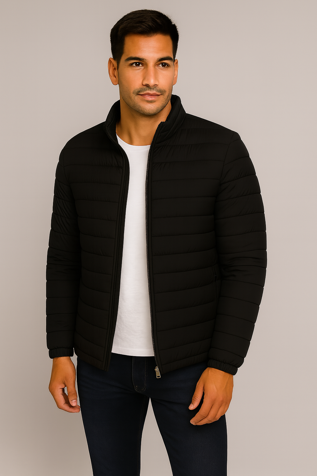 Men’s Jacket – Puffer Style Look, Slim Fit & Stand Collar Comfort