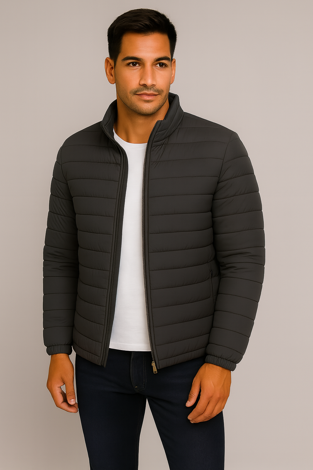 Men’s Jacket – Puffer Style Look, Slim Fit & Stand Collar Comfort